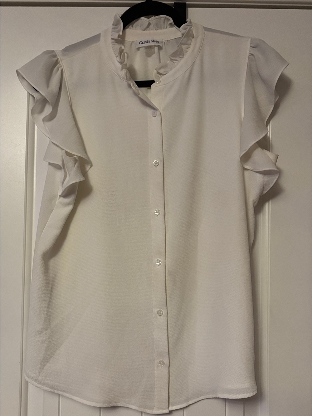 Calvin Klein White Ruffle Sleeve Button-Front Blouse, medium